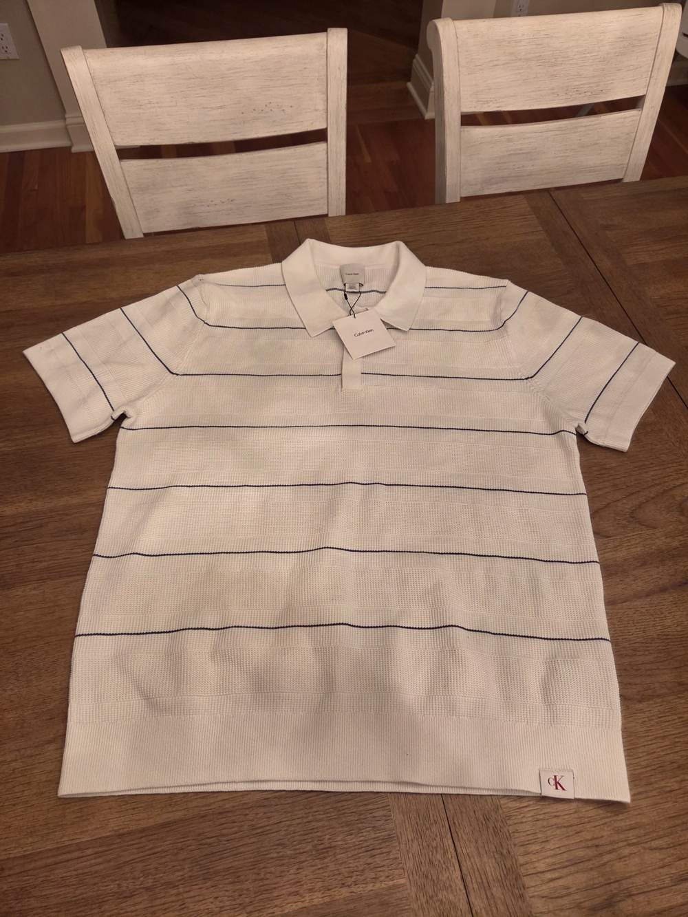Calvin Klein White Polo with Navy Pinstripes XL